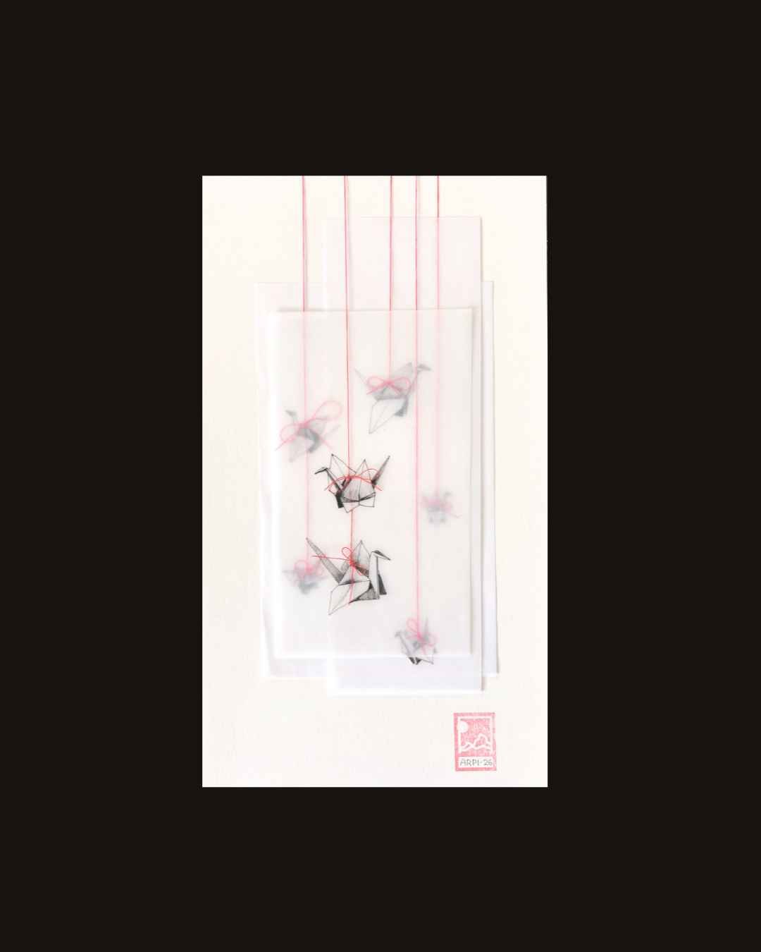 7 Origami Cranes — layered vellum work with red threads