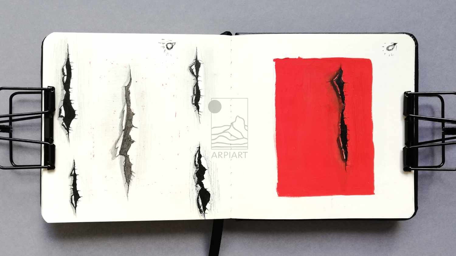 Torn paper study in red ink